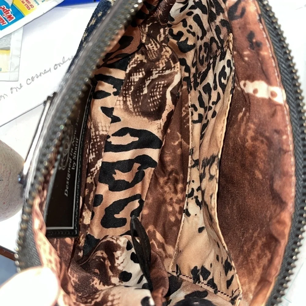 Sharif  Tapestry Satchel  navy/gold expanding bottom   velvety    gunmetal  NWOT